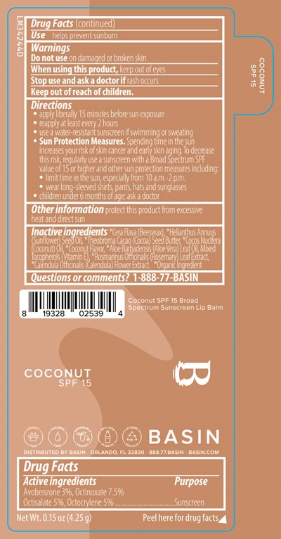Basin Coconut Spf 15 Broad Spectrum Sunscreen Lip Balm 0.15 Oz Label (Lm34244d Pl 105s Basin Coconut Spf 15 Broad Spectrum Sunscreen 2025 1 27 Ol)
